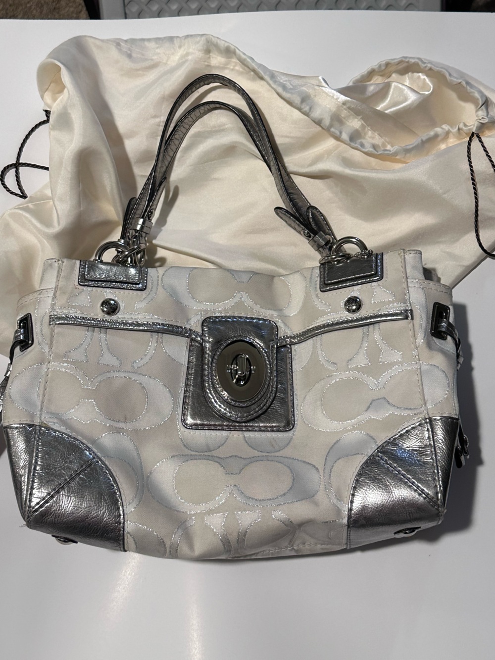 Coach Metallic Silver Signature Turnlock Satchel Y2K Handbag